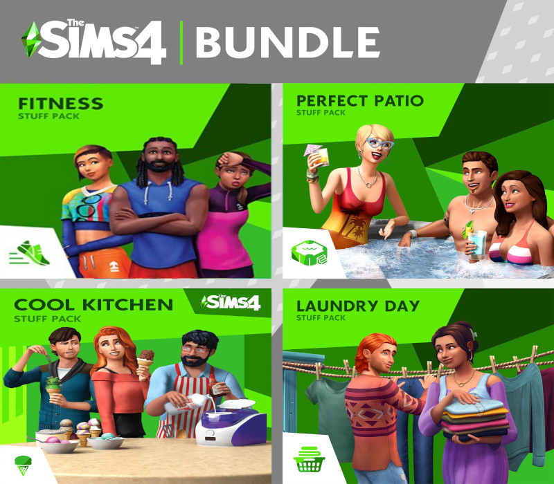 The Sims 4 - Fitness + Cool Kitchen + Laundry Day + Perfect Patio Stuff DLC Bundle cover art